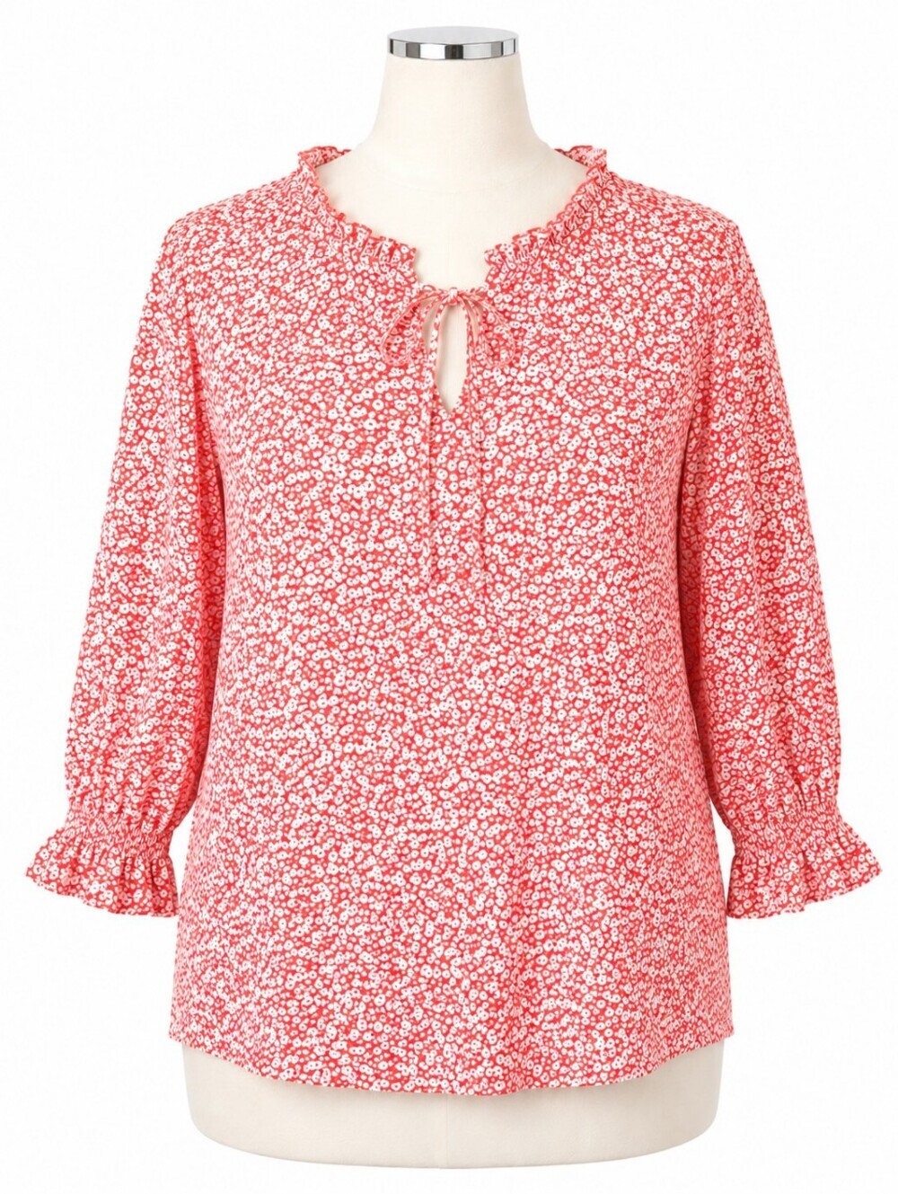 Adrianna Papell Women's Floral Print Ruffle Neck puff Sleeve Casual Top Sz M